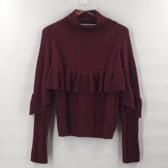 PROJECT Naadam Ruffle Cable Knit Sweater Mock Neck Burgundy Maroon Small - Picture 2 of 9